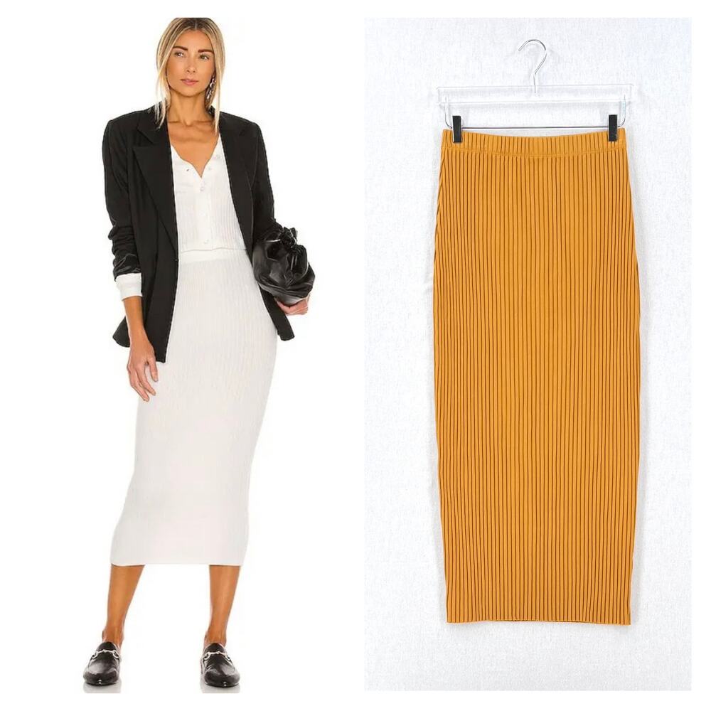 ENZA COSTA Sweater Knit Ribbed Pencil Midi Skirt Womens Medium Orange Yellow NEW